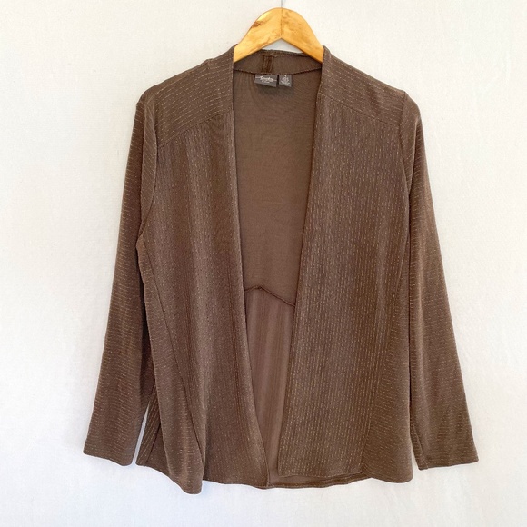 CHICO’S TRAVELERS Size 1 US Medium Open Front Dark Tan Metallic Thread Cardigan - Picture 1 of 4